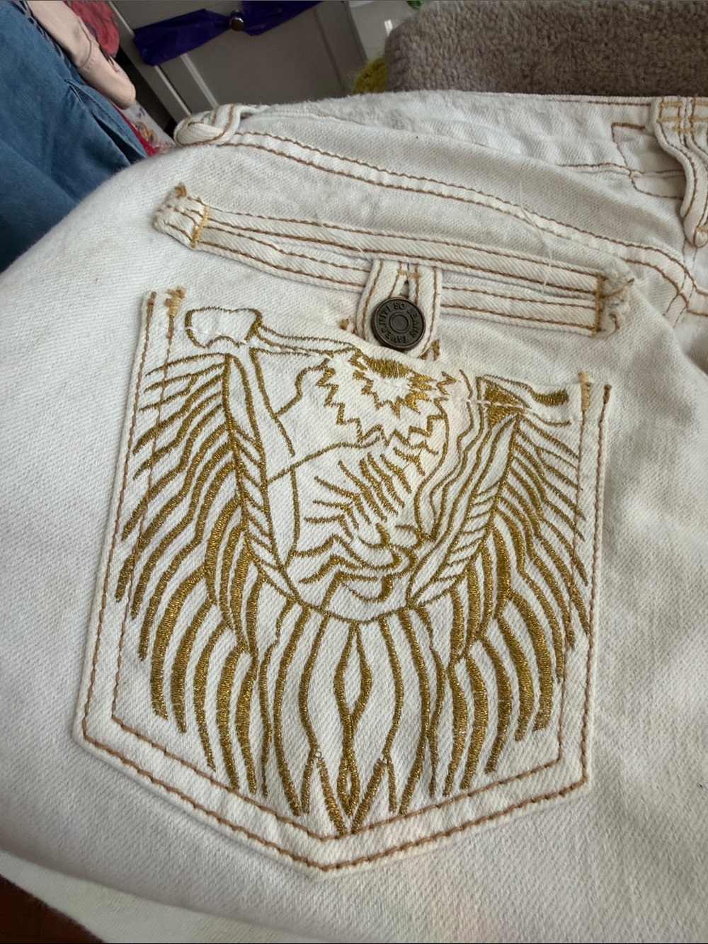 Taverniti Women's White low-rise Y2K Shorts with Gold Embroidered Pockets